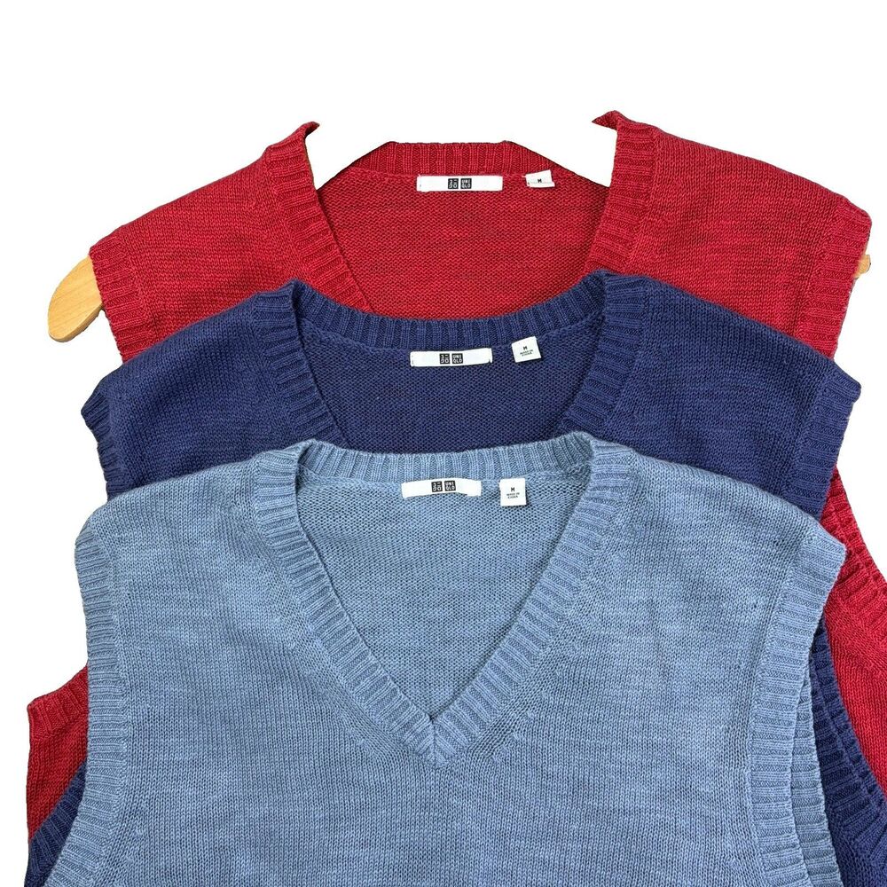 Uniqlo Sweater Vest Lot Of Three Mens Medium Linen Blend Golf Knit Preppy Winter